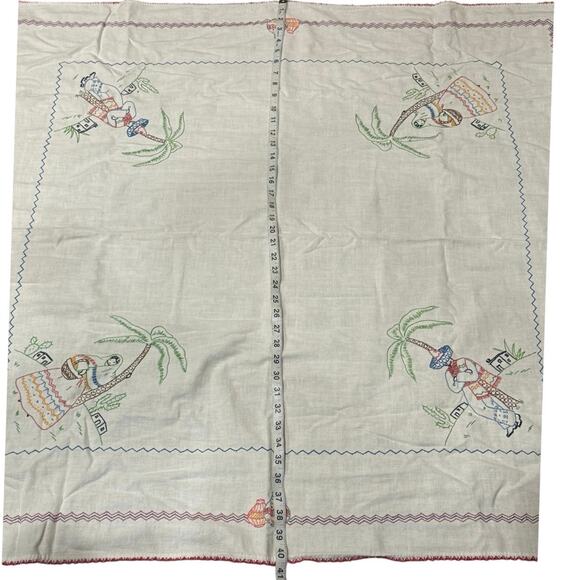 Vintage Handmade Embroidered Tablecloth Mexican Motif 40x46 Boho Folk Art - Picture 8 of 9